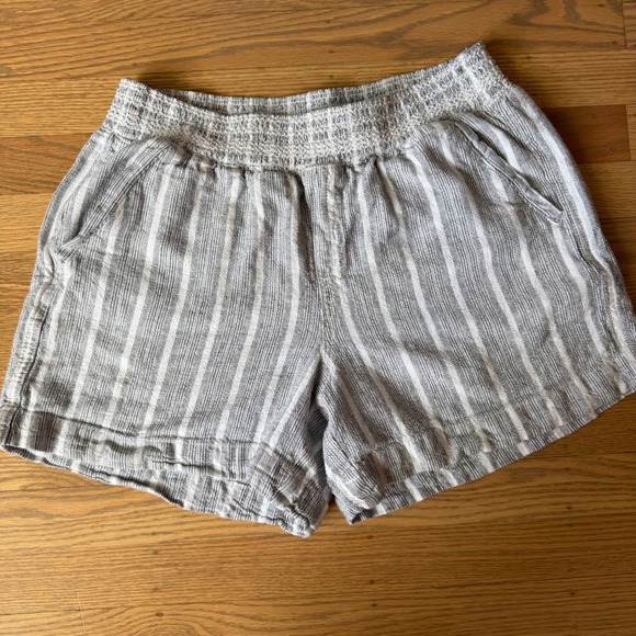 Briggs Pants - Briggs Womens Grey White Striped Linen Blend Smocked Waist Shorts Size M